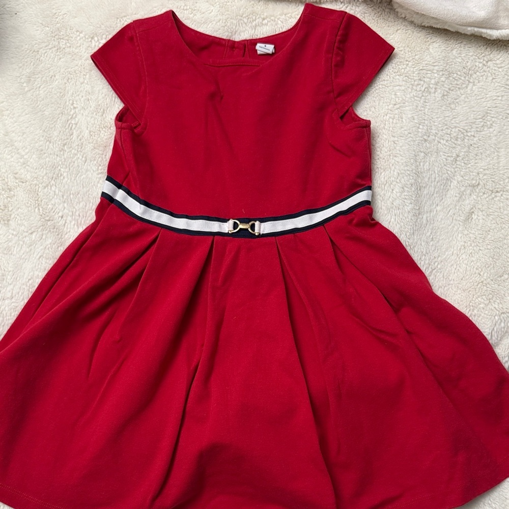 Janie and Jack Red Dress with White and Blue Grosgrain accent Gold Horsebit